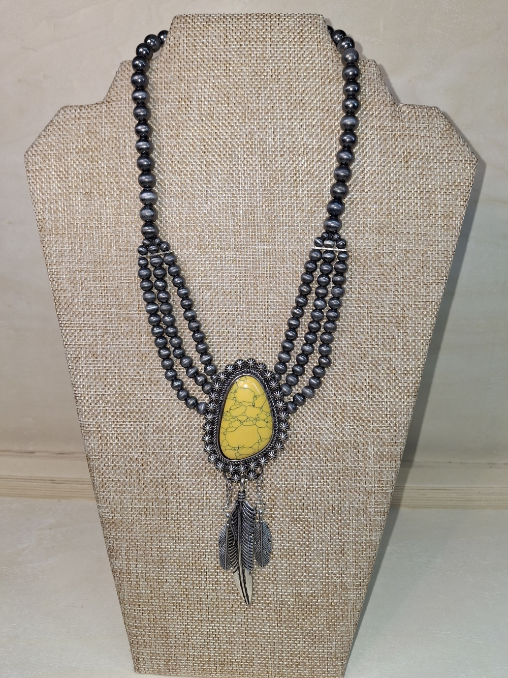 Southwestern Yellow Stone Multi-Strand Feather Necklace